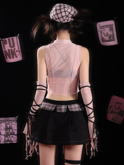 WSW WUSHENWU Sexy Black Pink Denim Print Studded Mini Skirt