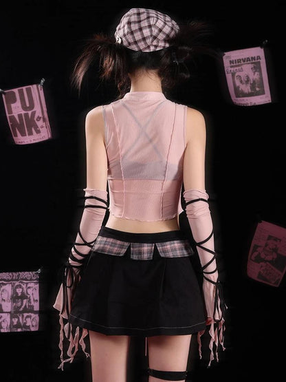 Sexy Black Pink Denim Print Studded Mini Skirt