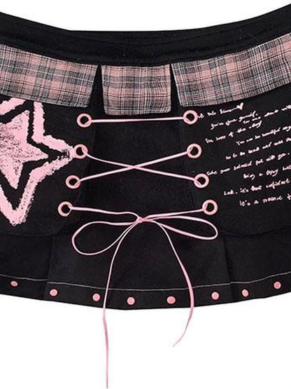 Sexy Black Pink Denim Print Studded Mini Skirt