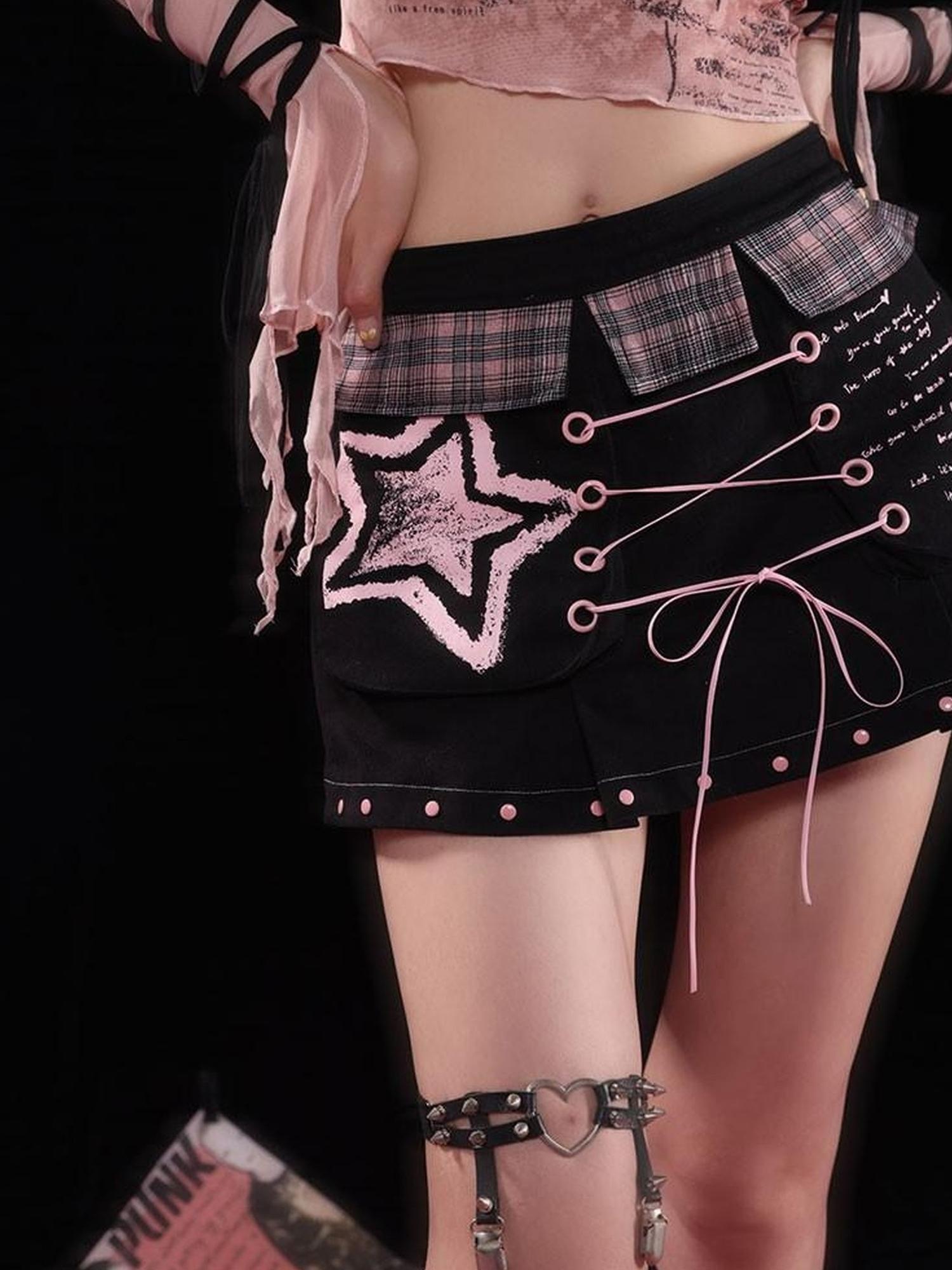 WSW WUSHENWU Sexy Black Pink Denim Print Studded Mini Skirt