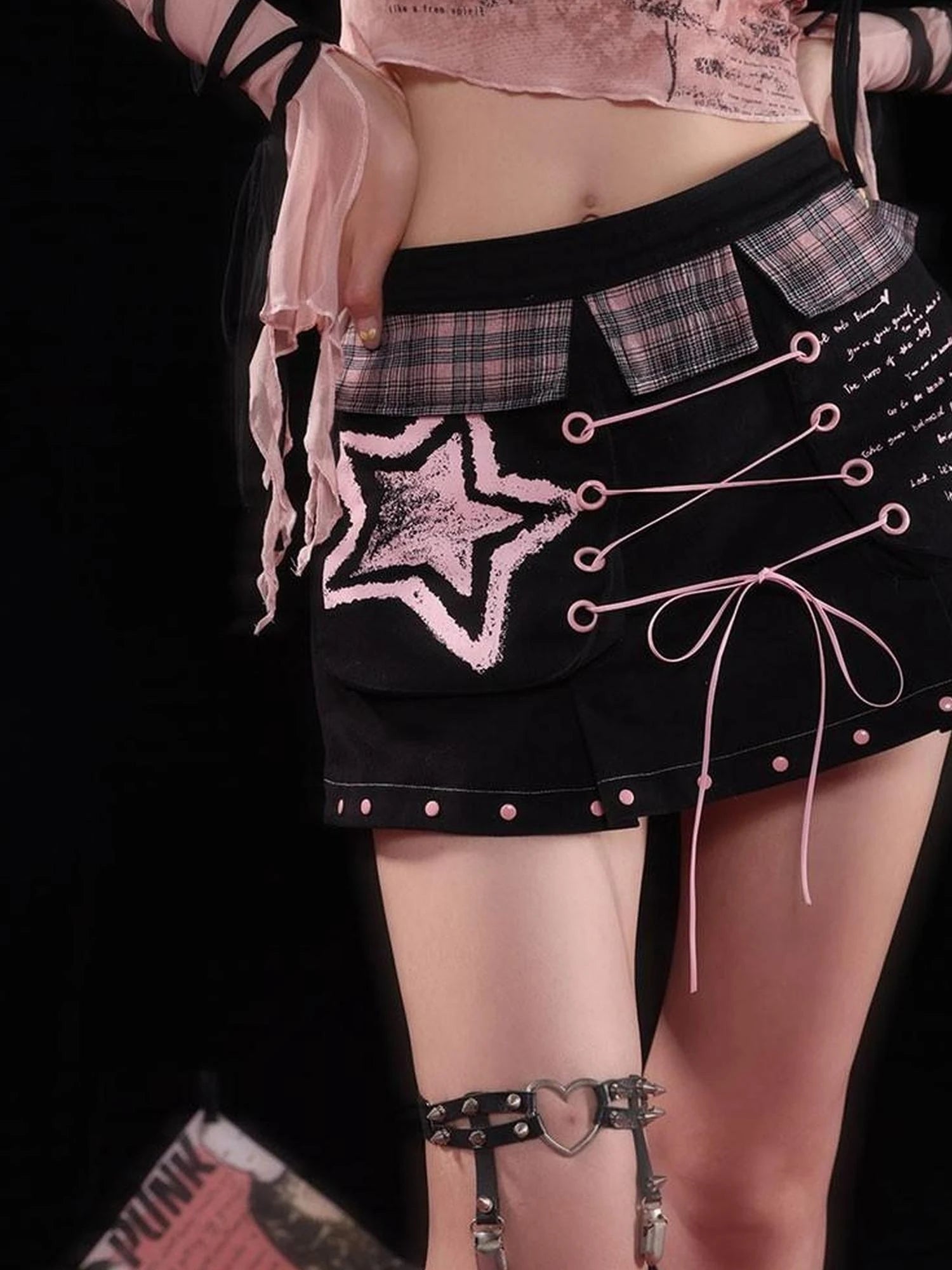 Sexy Black Pink Denim Print Studded Mini Skirt