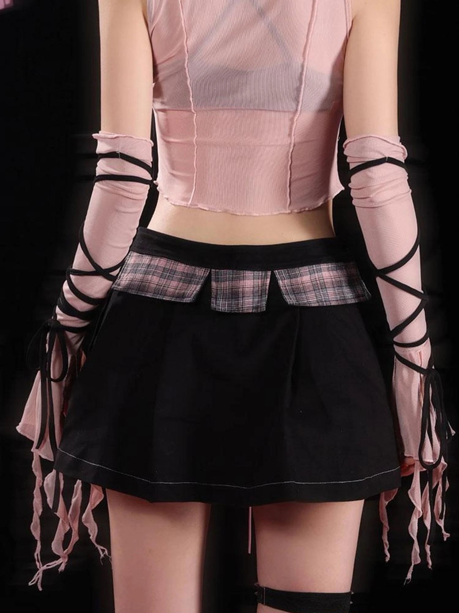 Sexy Black Pink Denim Print Studded Mini Skirt