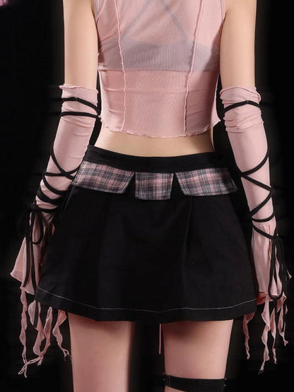 Sexy Black Pink Denim Print Studded Mini Skirt