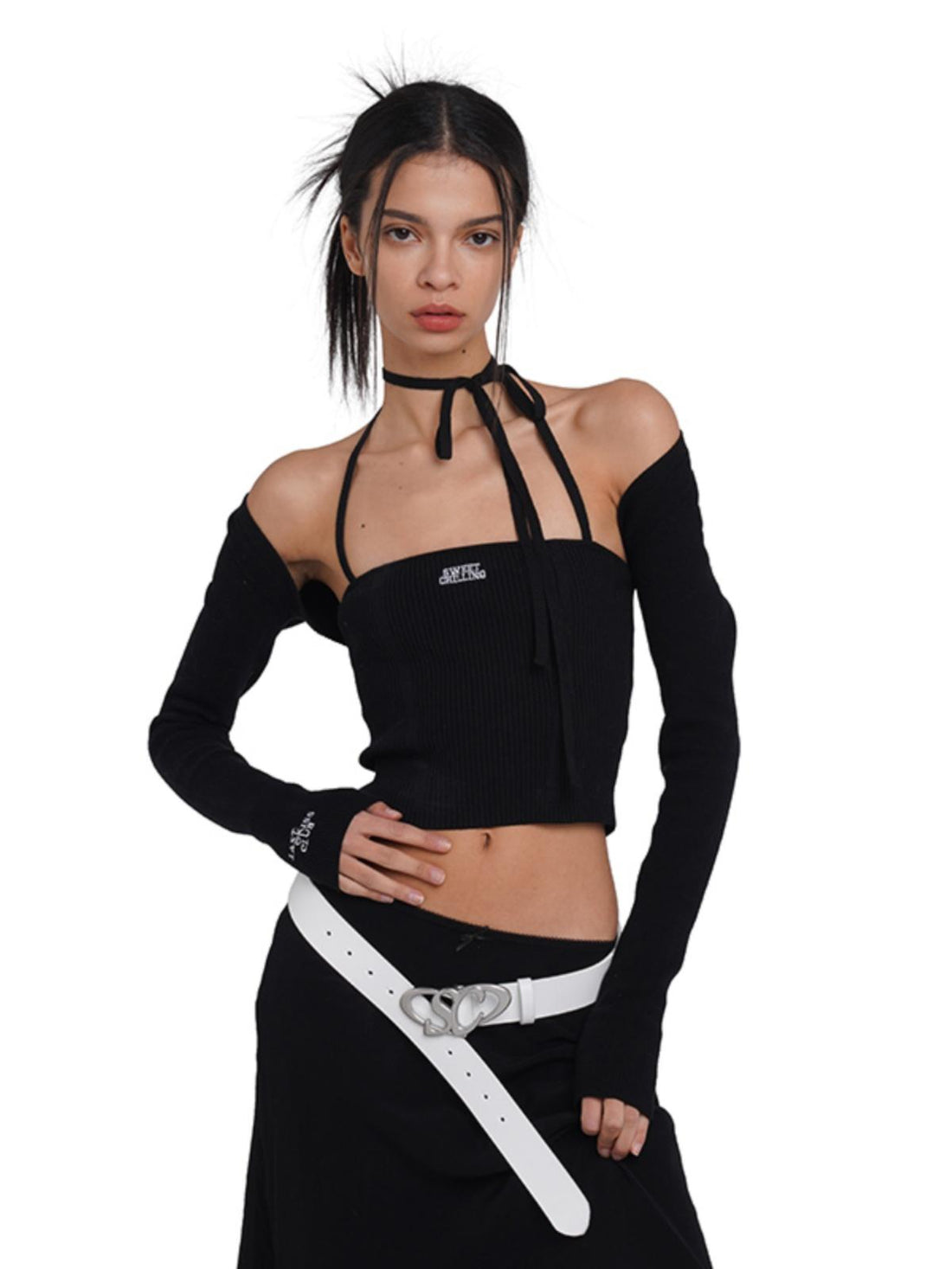 SweetChilling Sexy Knit Tube Top Set With Lace-Up Neckline &amp; Sleeves - Bodysuit