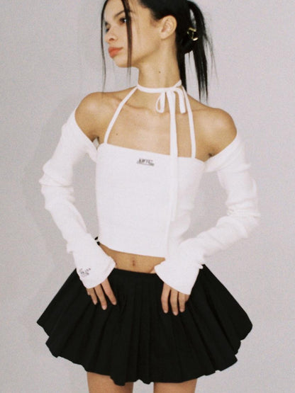 SweetChilling Sexy Knit Tube Top Set With Lace-Up Neckline &amp; Sleeves - Bodysuit