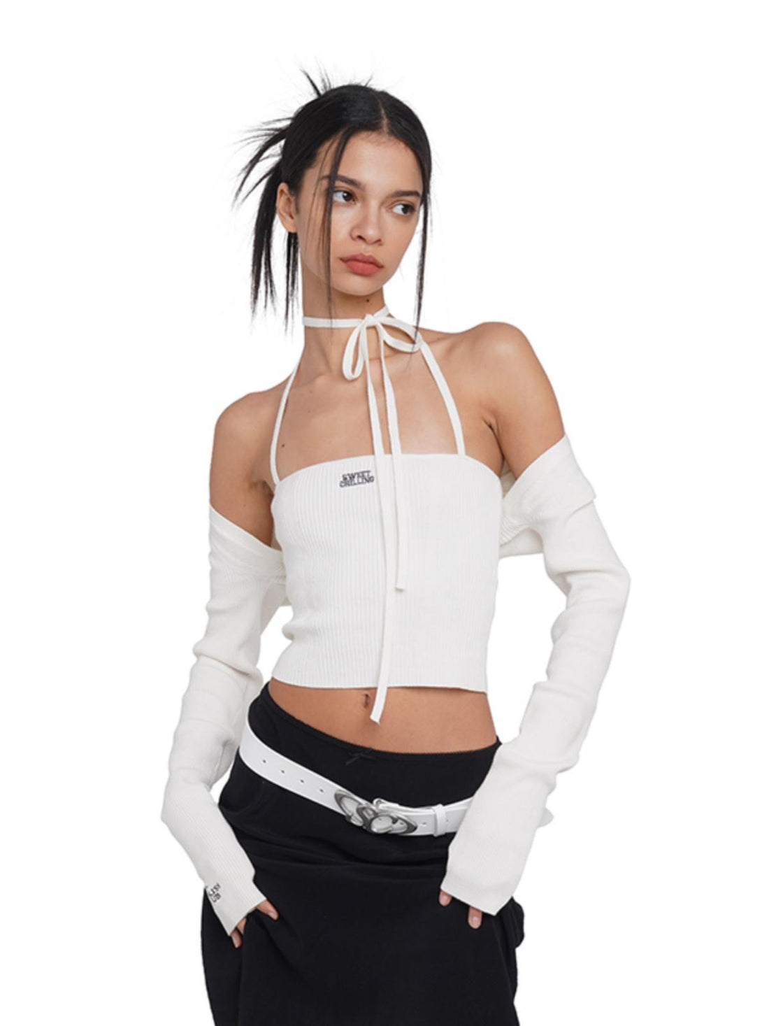 SweetChilling Sexy Knit Tube Top Set With Lace-Up Neckline &amp; Sleeves - Bodysuit