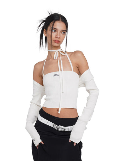 SweetChilling Sexy Knit Tube Top Set With Lace-Up Neckline &amp; Sleeves - Bodysuit
