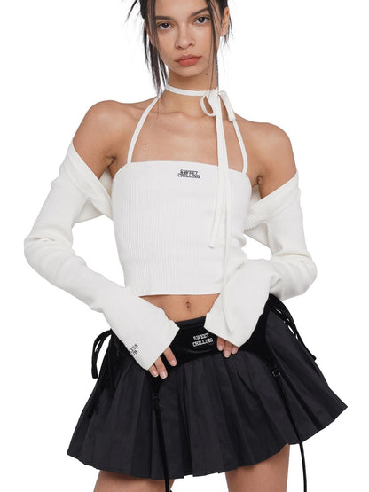 SweetChilling Sexy Knit Tube Top Set With Lace-Up Neckline &amp; Sleeves - Bodysuit