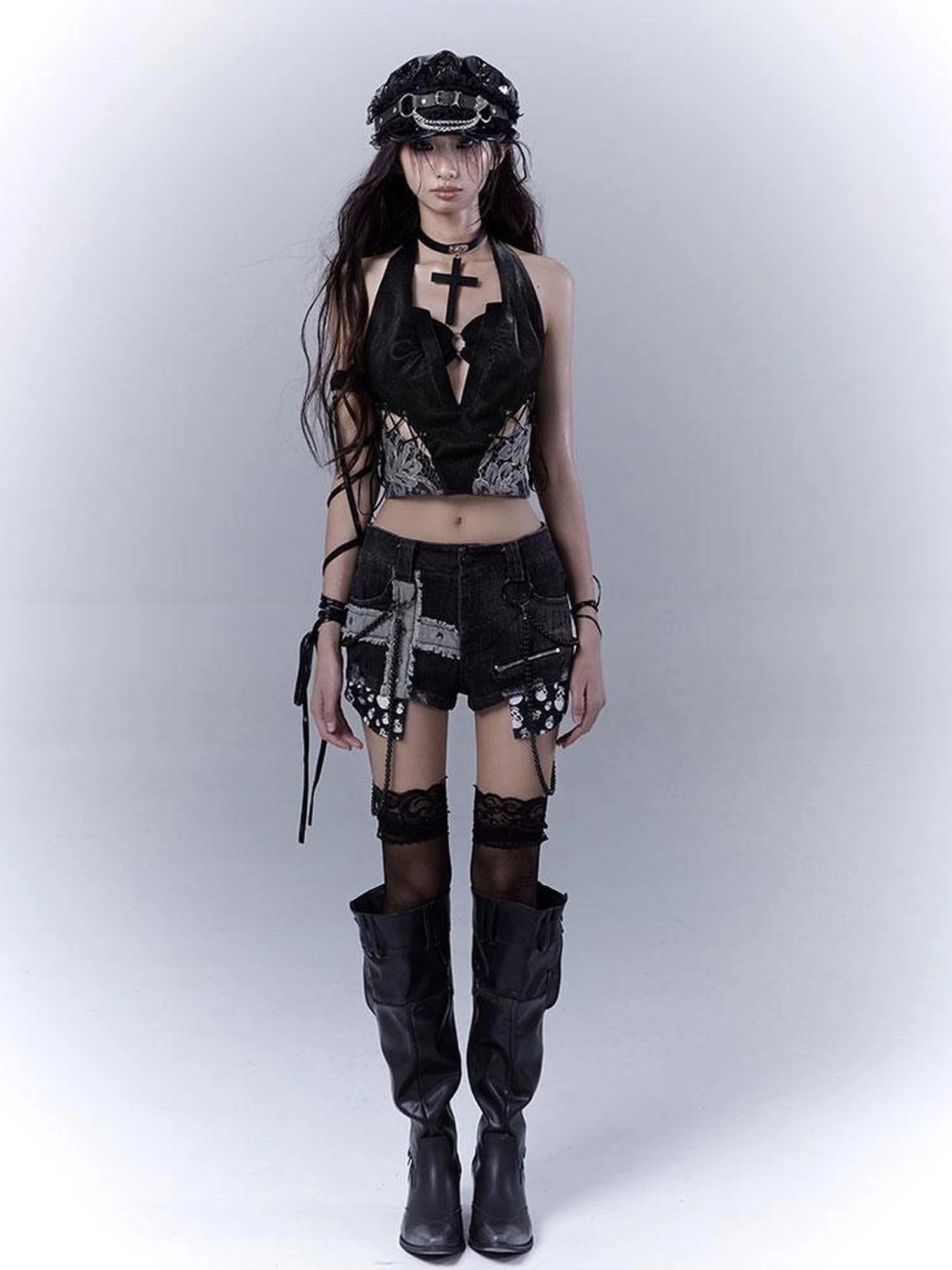 Sexy Snake Pattern Lace Leather Vest Deep V Neck Black Top