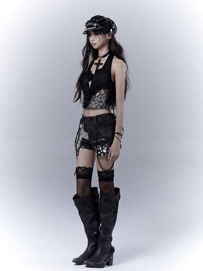 WSW WUSHENWU Sexy Snake Pattern Lace Leather Vest Deep V Neck Black Top