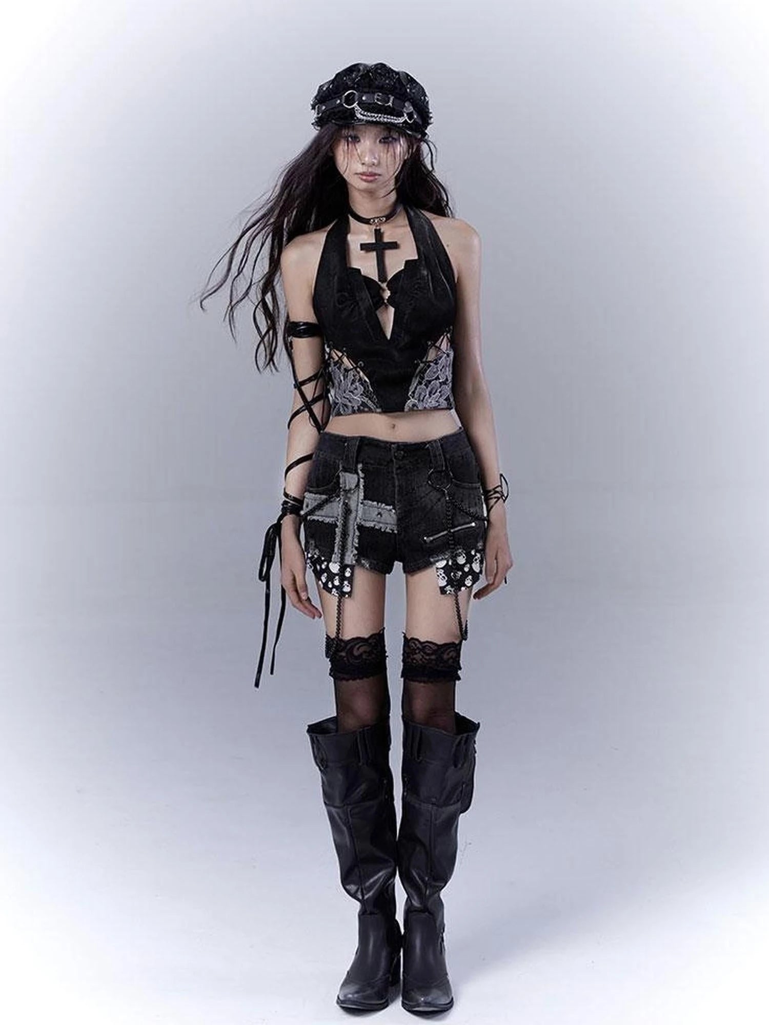 Sexy Snake Pattern Lace Leather Vest Deep V Neck Black Top