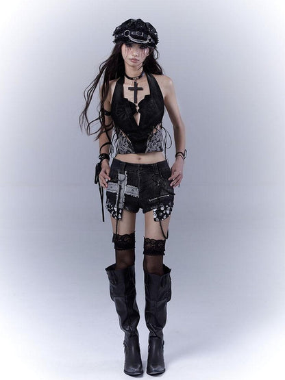 WSW WUSHENWU Sexy Snake Pattern Lace Leather Vest Deep V Neck Black Top