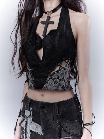 WSW WUSHENWU Sexy Snake Pattern Lace Leather Vest Deep V Neck Black Top