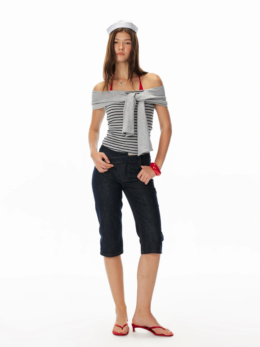 Sexy Striped Off-Shoulder Top &amp; Navy Shorts Outfit Set
