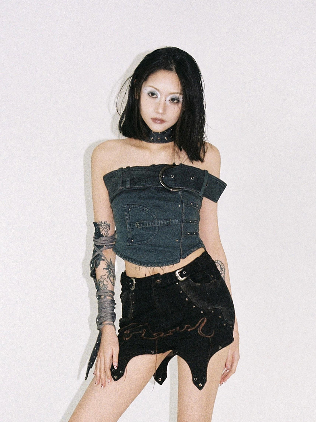 Flowers birds Market Shaped Washed Denim Tube Top