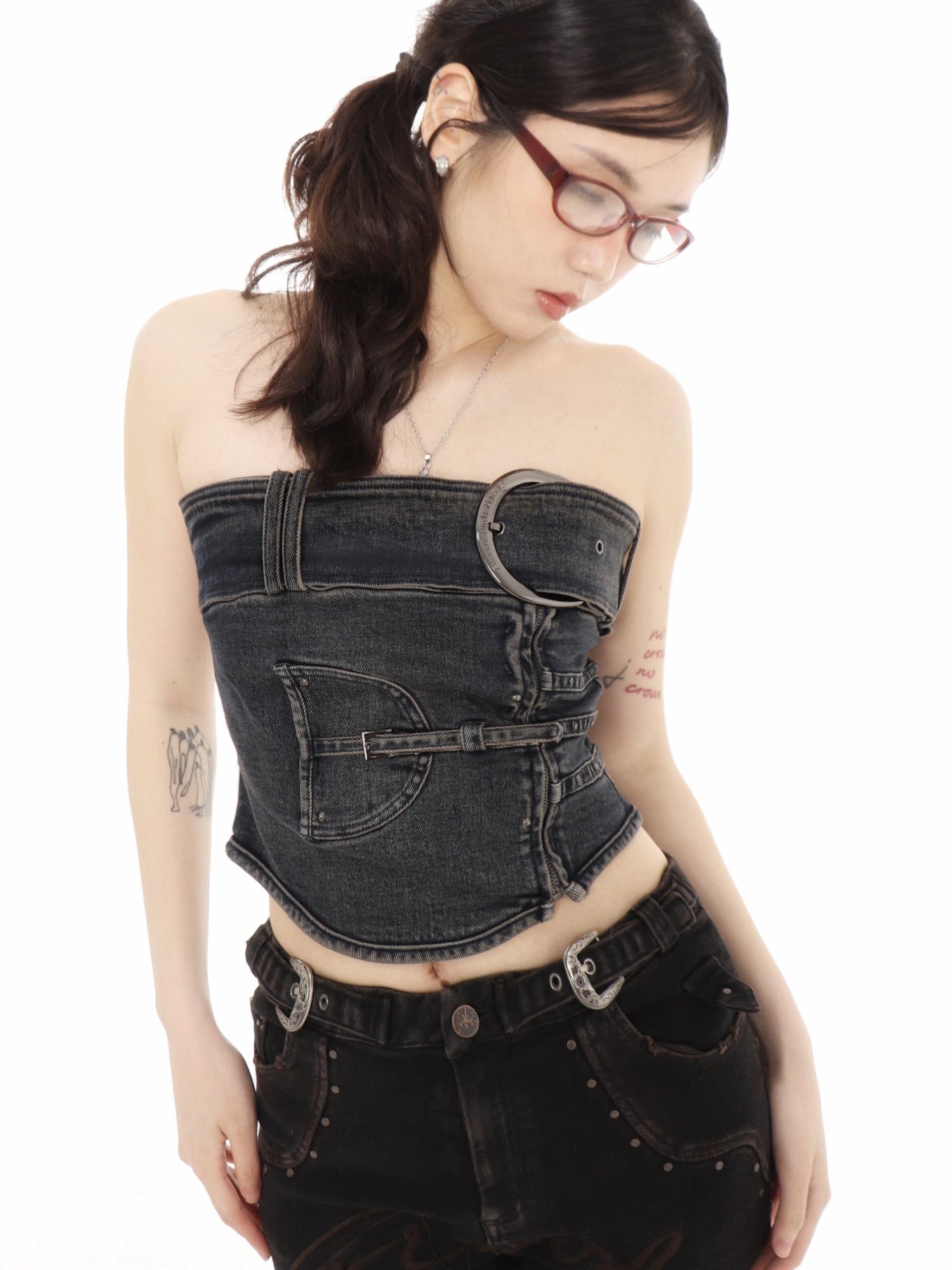 Flowers birds Market Shaped Washed Denim Tube Top