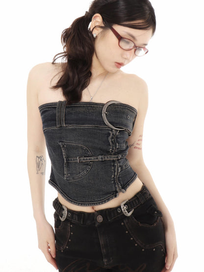 Flowers birds Market Shaped Washed Denim Tube Top