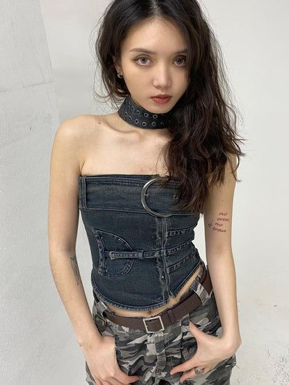 Flowers birds Market Shaped Washed Denim Tube Top