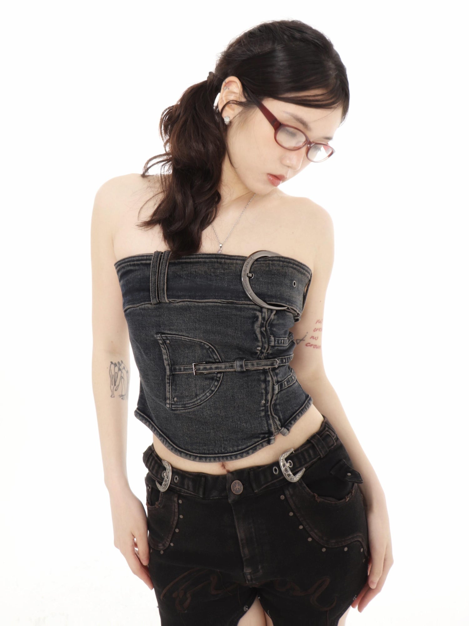 Flowers birds Market Shaped Washed Denim Tube Top