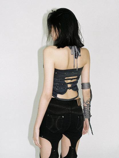 Flowers birds Market Shaped Washed Denim Tube Top