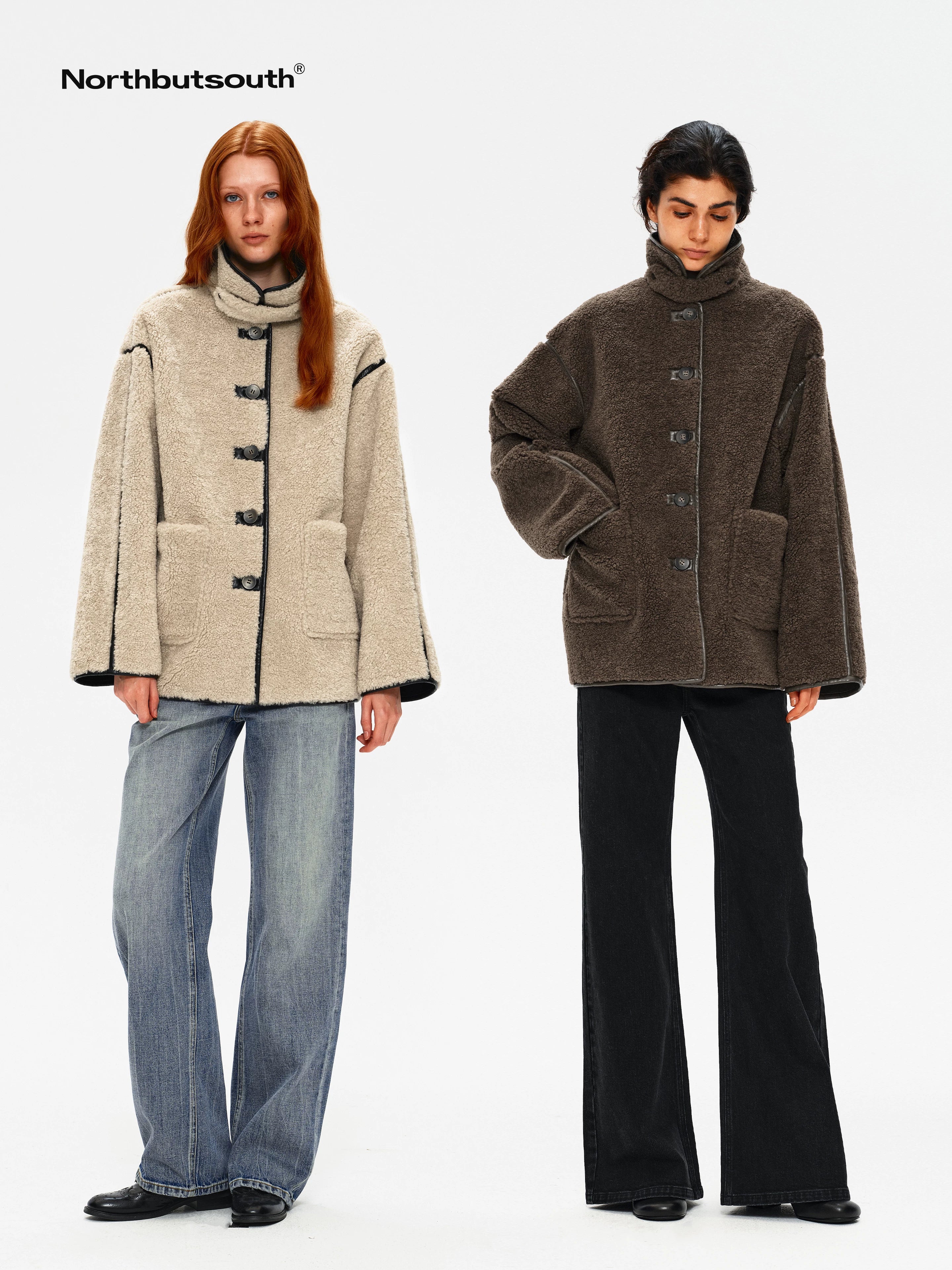 Shearling Collar Lapel Patch Pockets Mid Length Women&