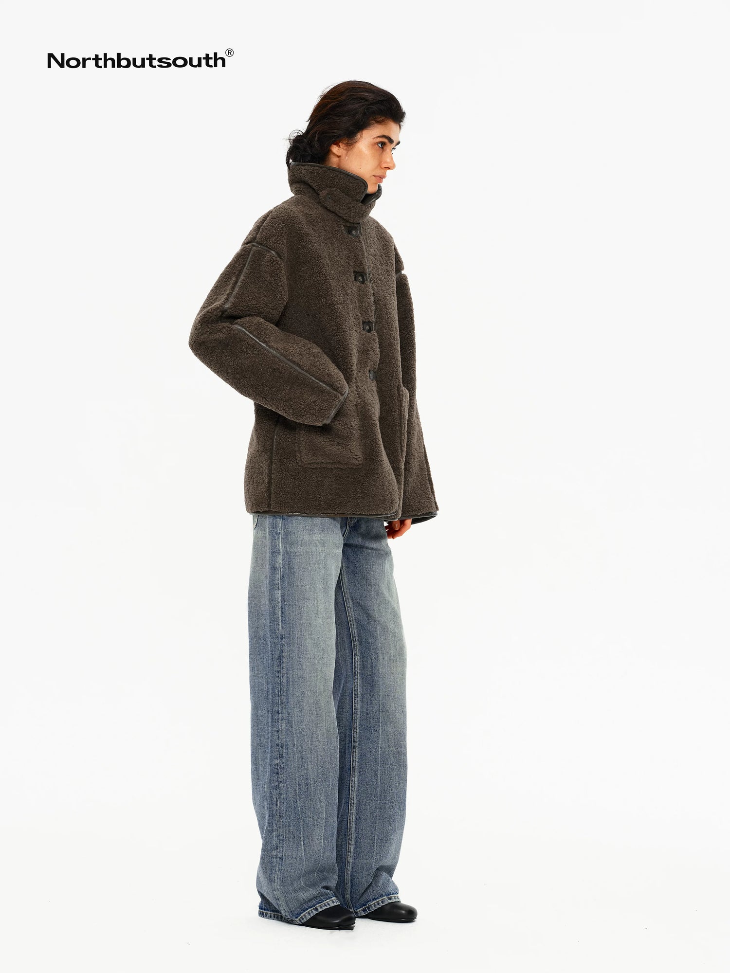 Shearling Collar Lapel Patch Pockets Mid Length Women&