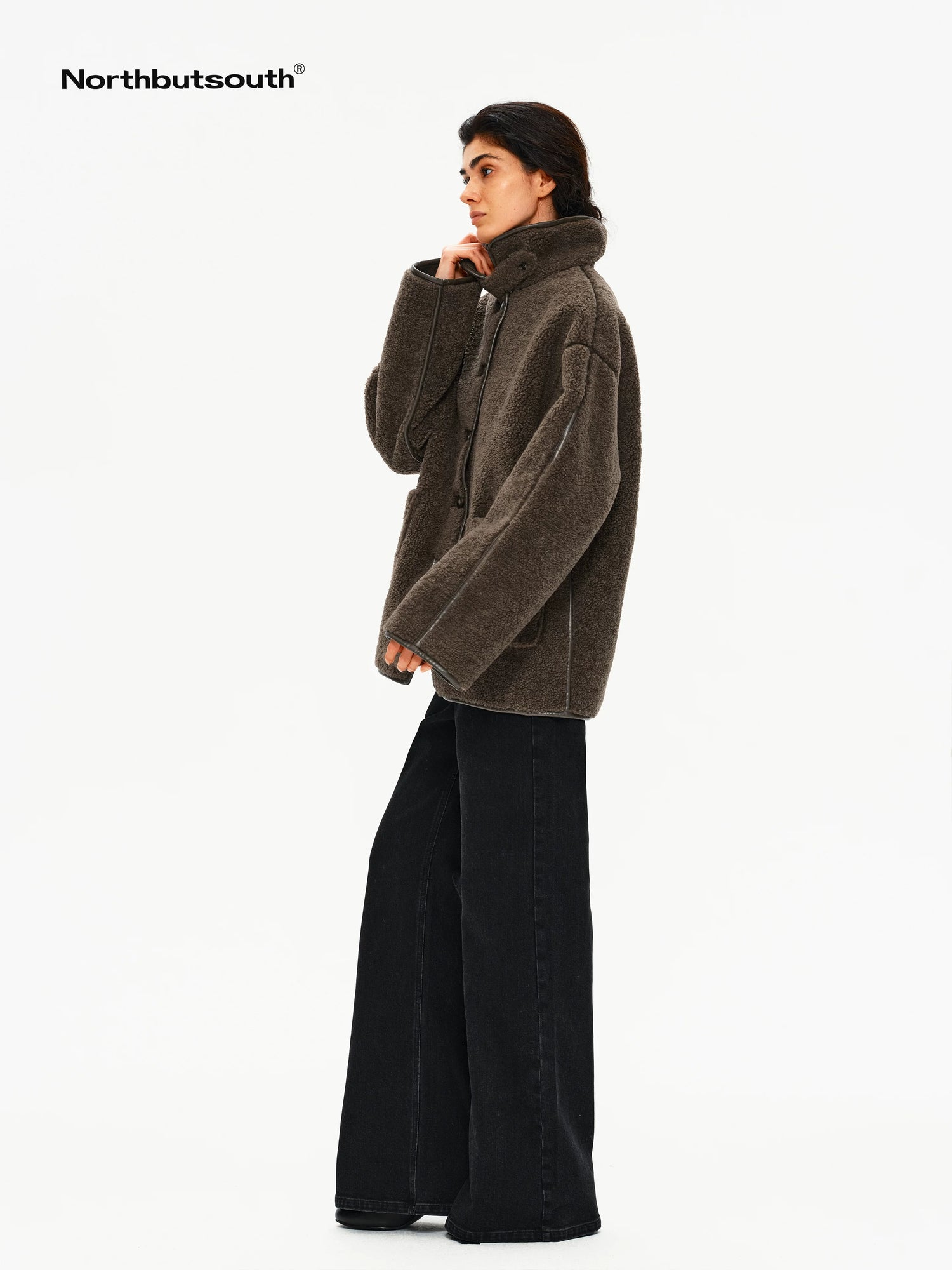 Shearling Collar Lapel Patch Pockets Mid Length Women&