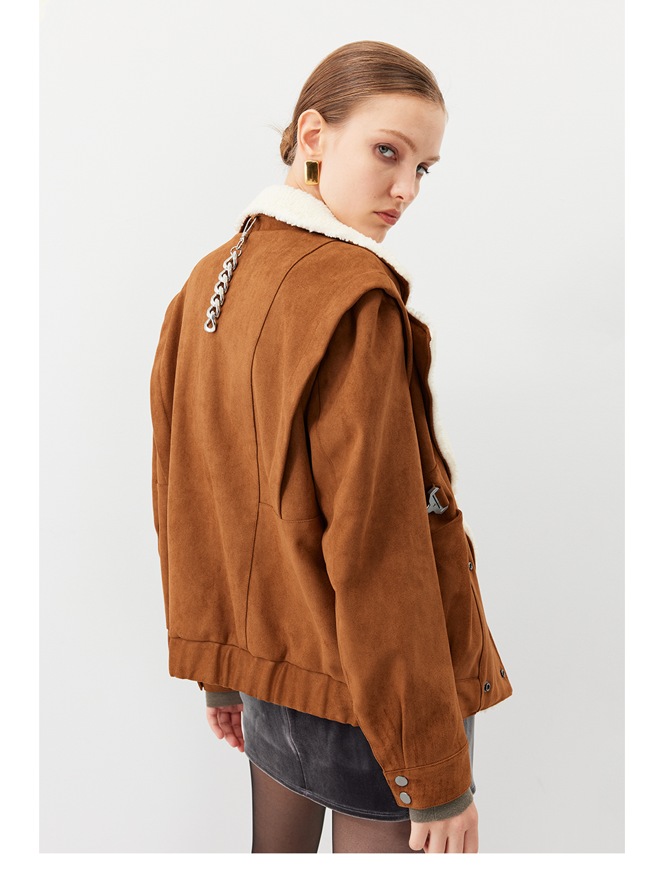 Shearling Collar Snap Suede Jacket