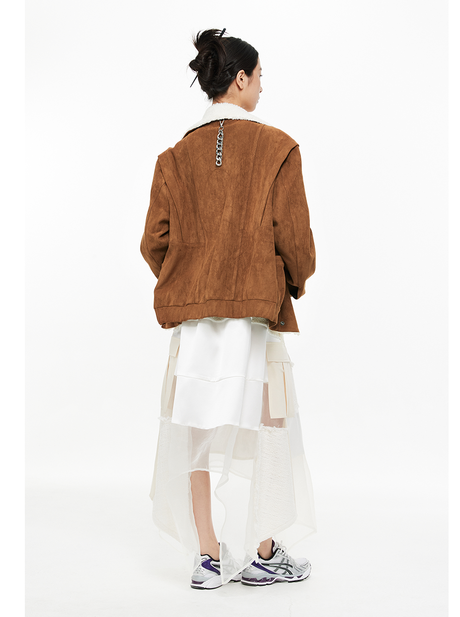 Shearling Collar Snap Suede Jacket