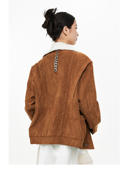 Shearling Collar Snap Suede Jacket