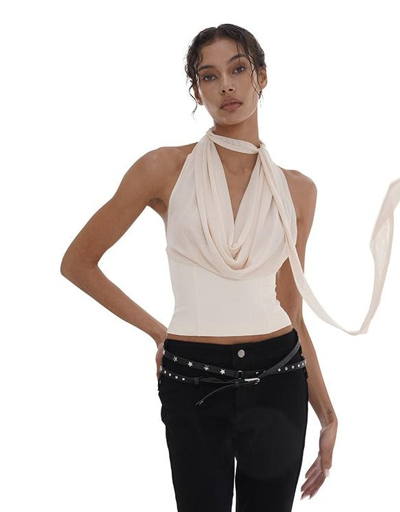 Sheer Halter Neck Wrap Waist Top