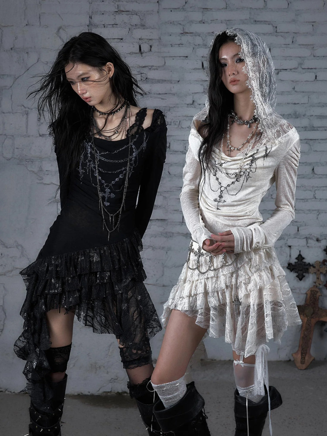 Sheer Lace Punk Print Hooded Knit Dress