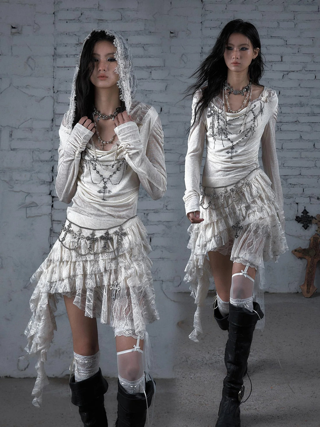Sheer Lace Punk Print Hooded Knit Dress