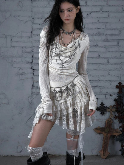 Sheer Lace Punk Print Hooded Knit Dress