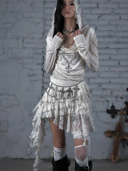 Sheer Lace Punk Print Hooded Knit Dress