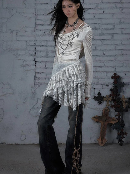 Sheer Lace Punk Print Hooded Knit Dress