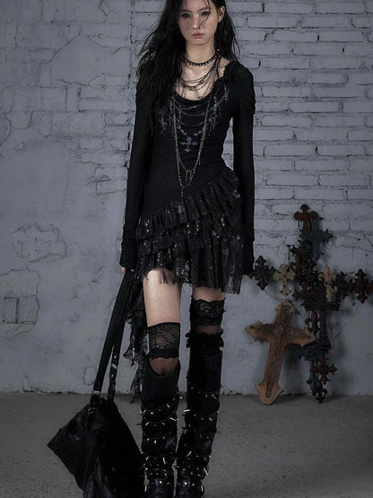Sheer Lace Punk Print Hooded Knit Dress
