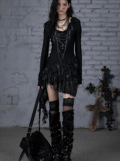 Sheer Lace Punk Print Hooded Knit Dress