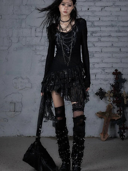 Sheer Lace Punk Print Hooded Knit Dress