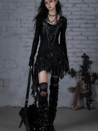 Sheer Lace Punk Print Hooded Knit Dress