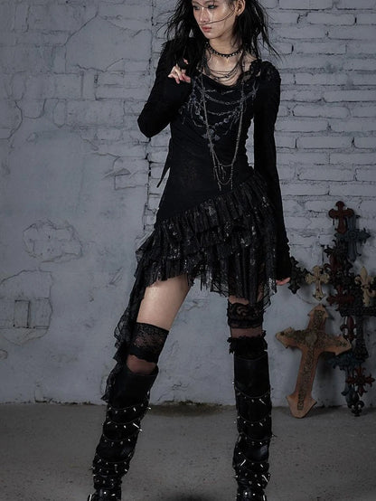 Sheer Lace Punk Print Hooded Knit Dress