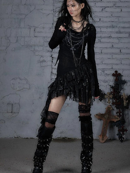 Sheer Lace Punk Print Hooded Knit Dress