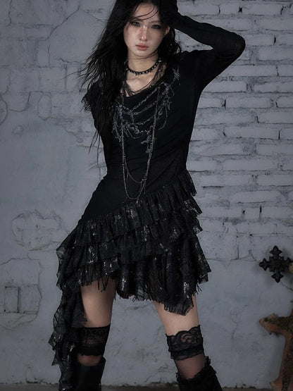 Sheer Lace Punk Print Hooded Knit Dress