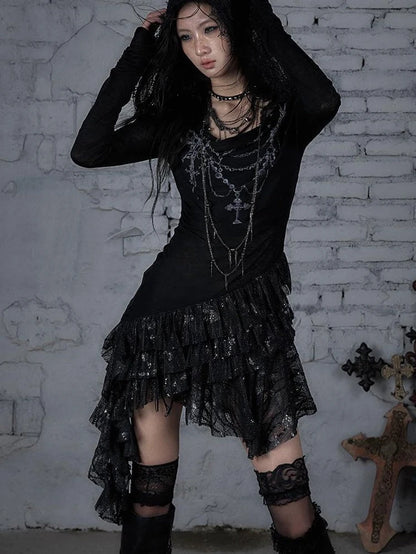 Sheer Lace Punk Print Hooded Knit Dress