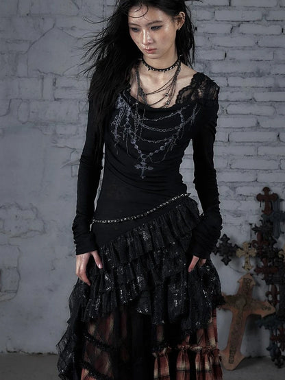 Sheer Lace Punk Print Hooded Knit Dress