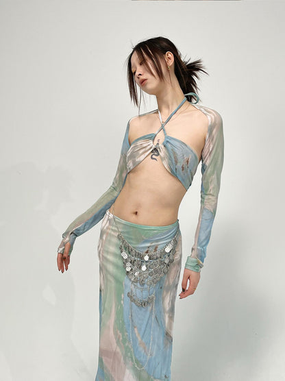 Sheer Mesh Print Halter Camisole Cover Up Sleeve Top Blouse