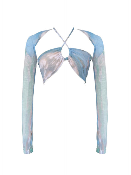 Sheer Mesh Print Halter Camisole Cover Up Sleeve Top Blouse