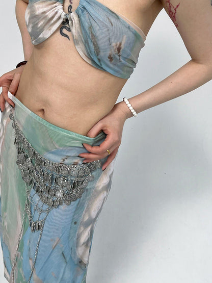 Sheer Mesh Print Halter Camisole Cover Up Sleeve Top Blouse