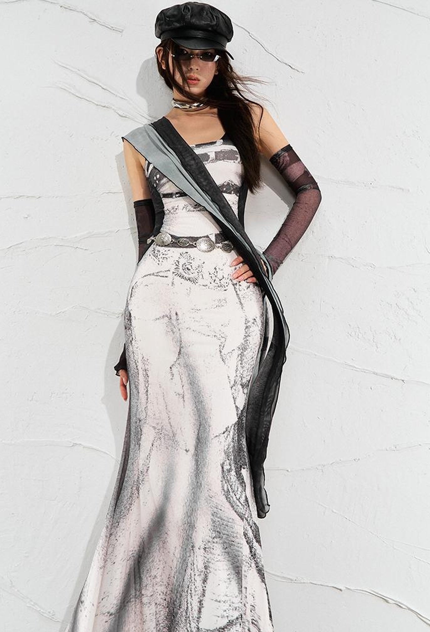 OfAkiva Sheer Mesh Ruffled Mermaid Maxi Dress With Print