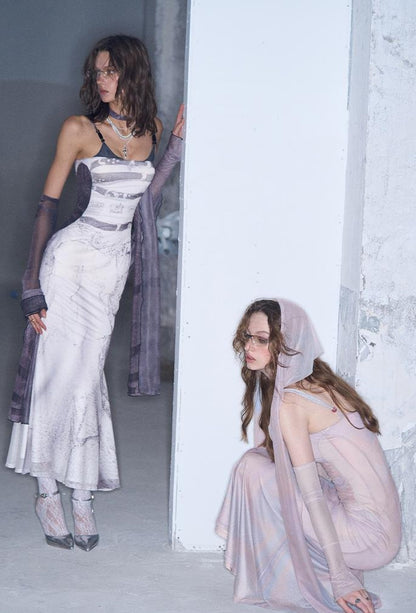 OfAkiva Sheer Mesh Ruffled Mermaid Maxi Dress With Print